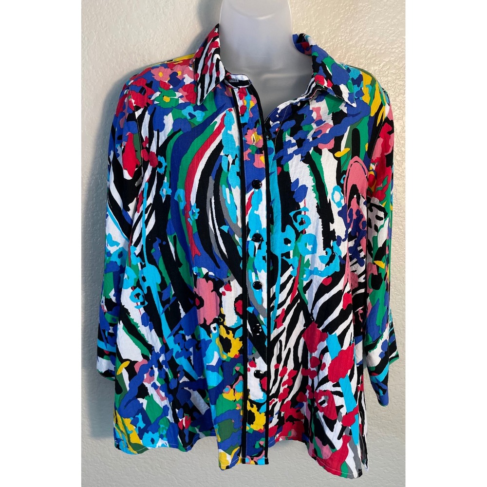Ali Miles Womens PL Button Front Top Multi Color Abstract Floral Animal Print